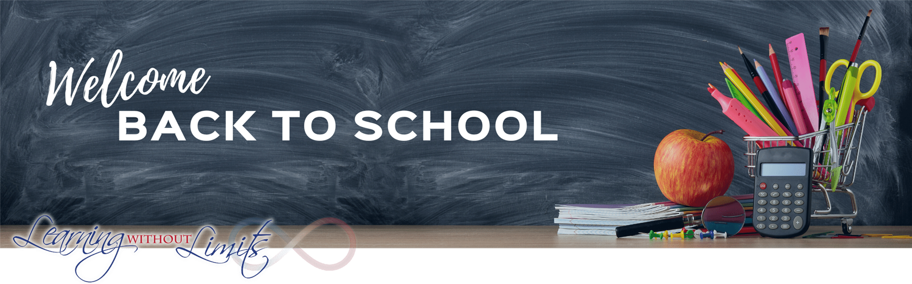 Welcome back to school. Image of blackboard with school supplies